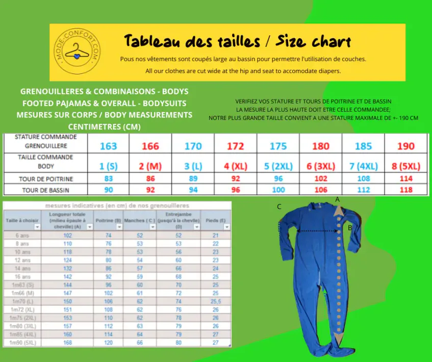 Size charts fashion-comfort jumpsuits-pajamas and bodysuits